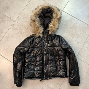 Fashion Nova Shiny Black Puffer Jacket with Faux Fur Hood